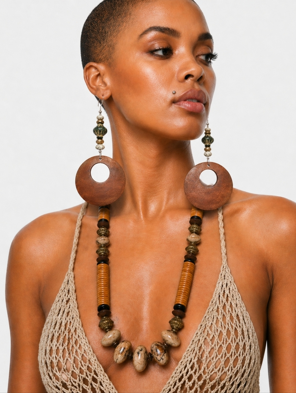 Boho Handcrafted Wooden Disk Earrings and Necklace set